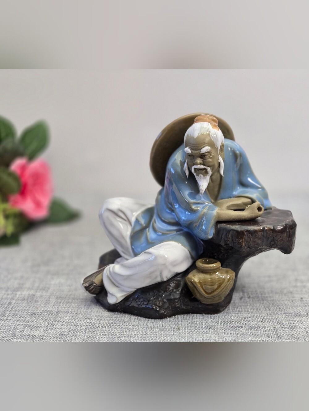Vintage Chinese Mud Man Figurine Seated Fisherman Sage Nanjiang China Mark 30